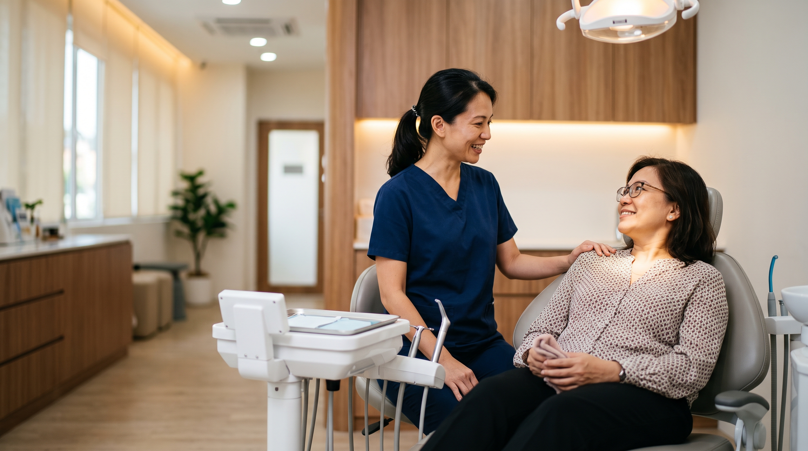 Dentist reassuring a relaxed patient in the treatment chair at Platinum Dental Group, Kota Kinabalu