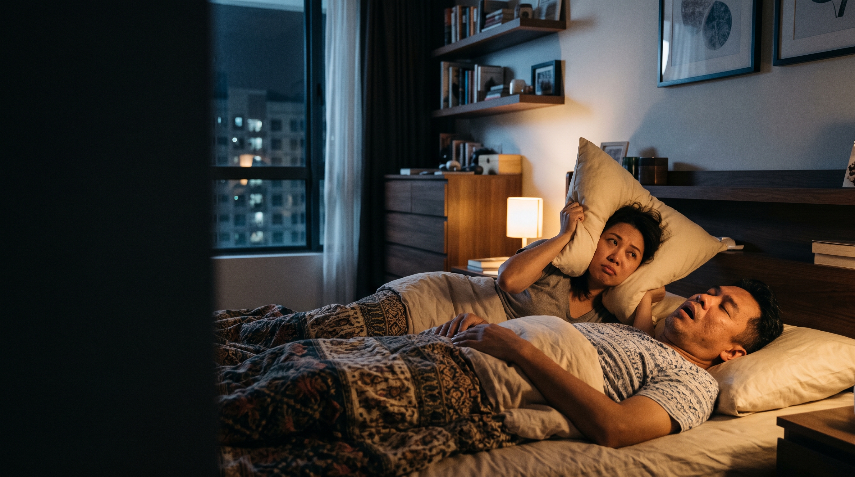 Couple dealing with snoring at night, considering sleep apnea treatment in Kota Kinabalu