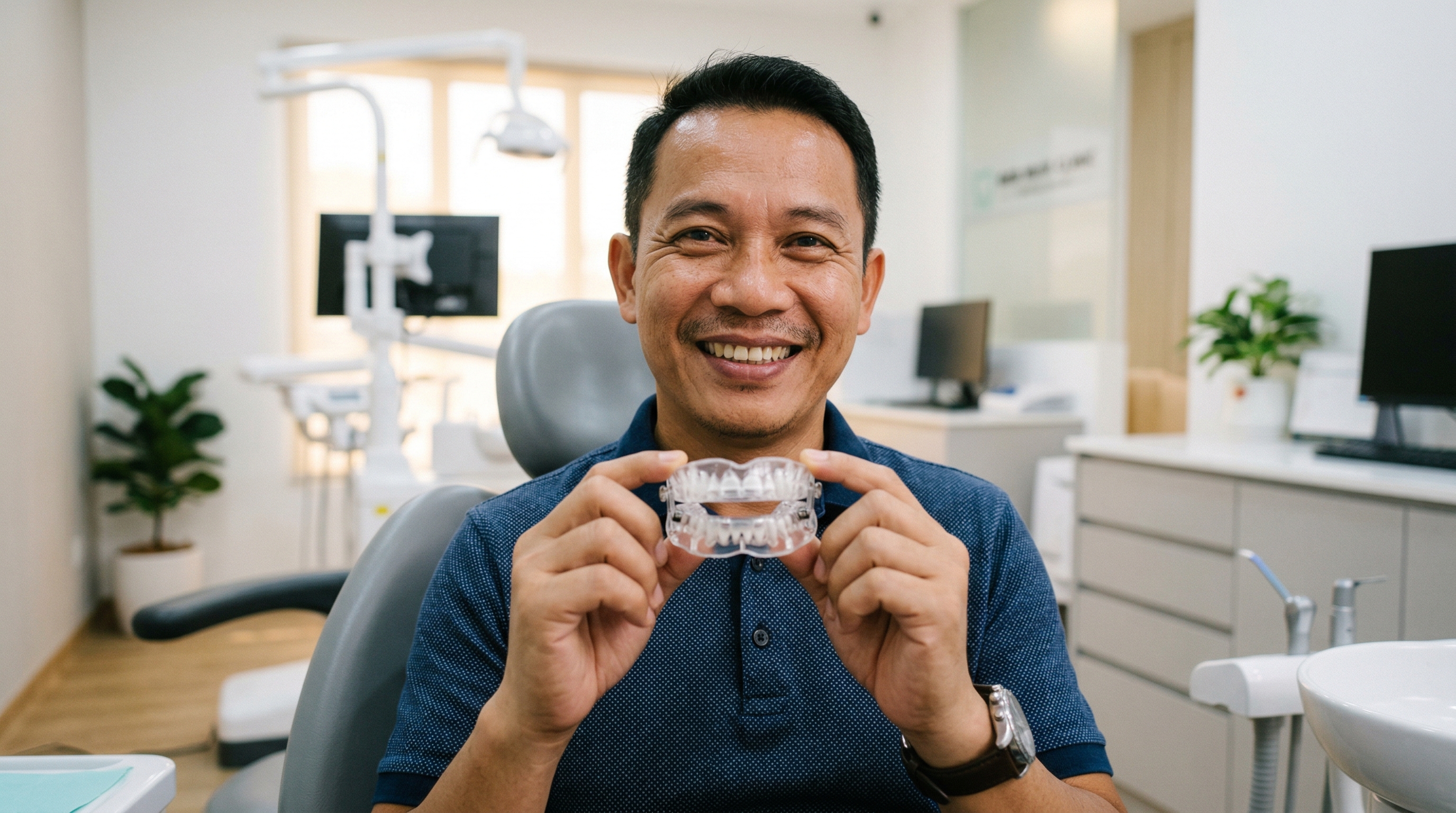 Patient at Platinum Dental Group holding a clear, custom-fitted mandibular advancement device used to treat snoring and sleep apnea